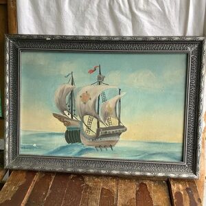 Vintage Antique Framed Voyage Ship on Canvas Original